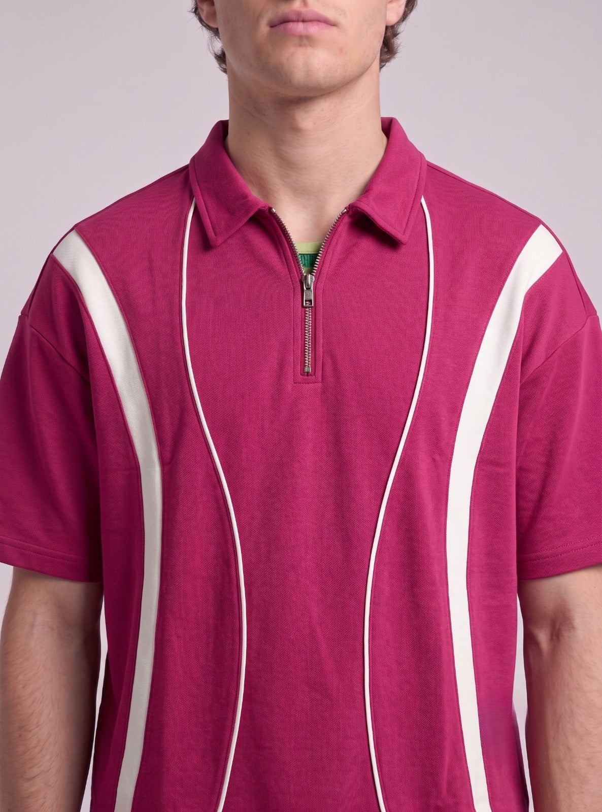 Retro-Styling Magenta Zip Polo with White Piping | Fabric Studio