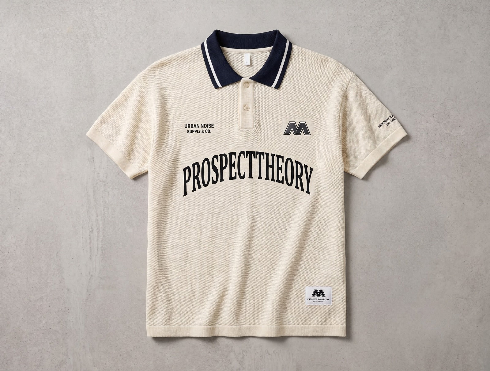 Off-White Retro Varsity Polo with Navy Contrast Collar | Fabric Studio