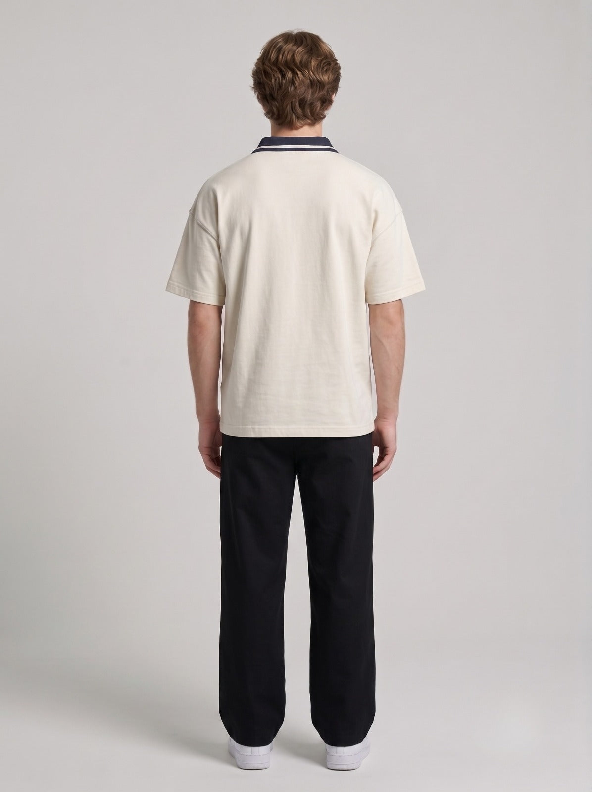 Off-White Retro Varsity Polo with Navy Contrast Collar | Fabric Studio