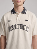 Off-White Retro Varsity Polo with Navy Contrast Collar | Fabric Studio