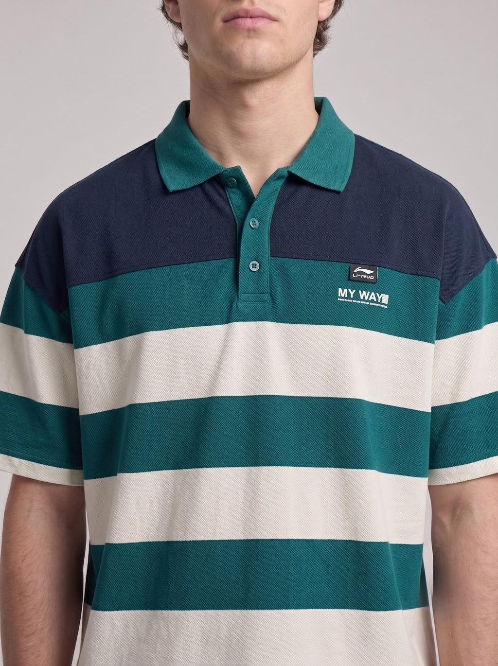 Navy and Green Horizontal Stripe Short-Sleeve Polo | Fabric Studio