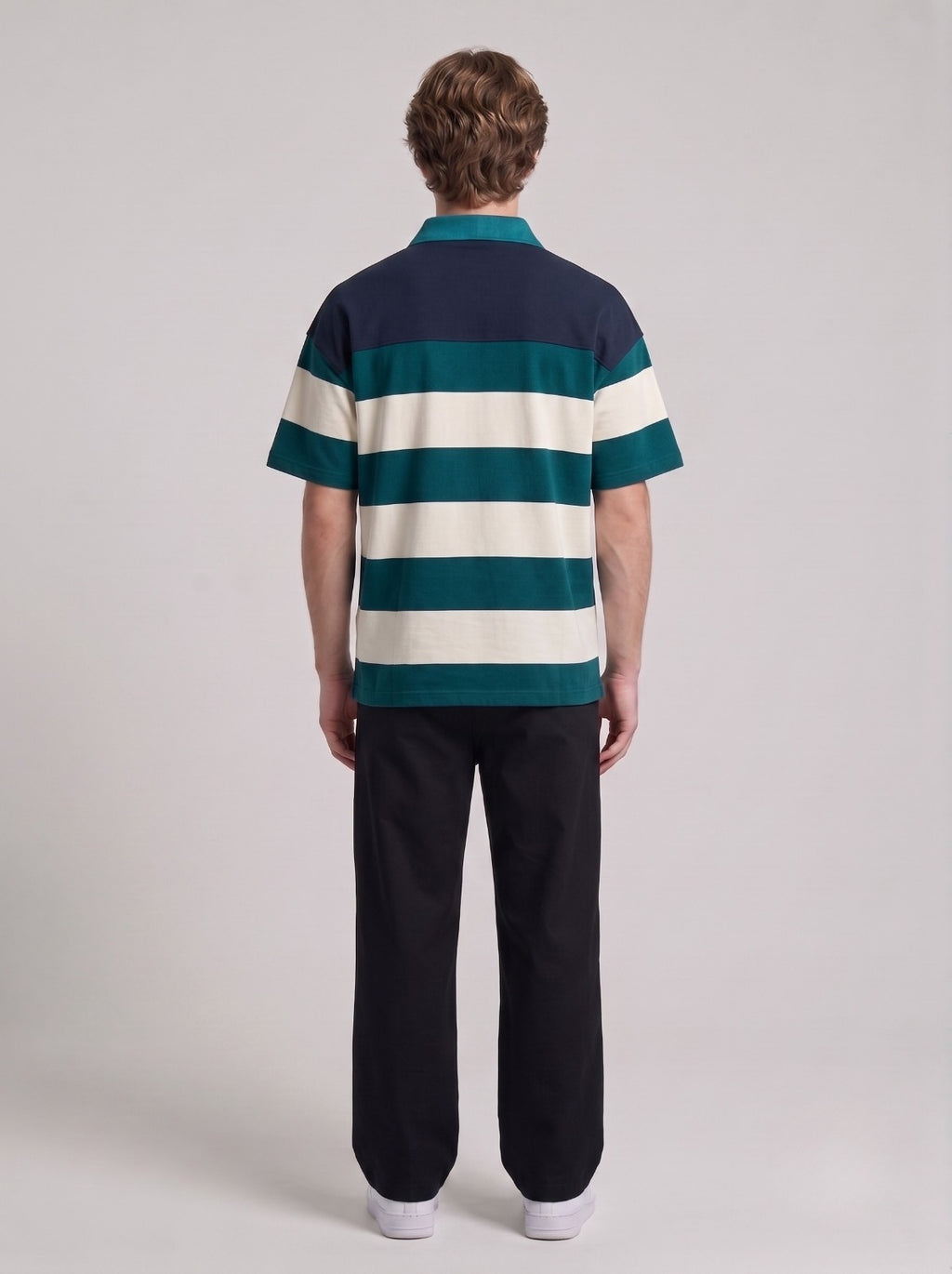 Navy and Green Horizontal Stripe Short-Sleeve Polo | Fabric Studio