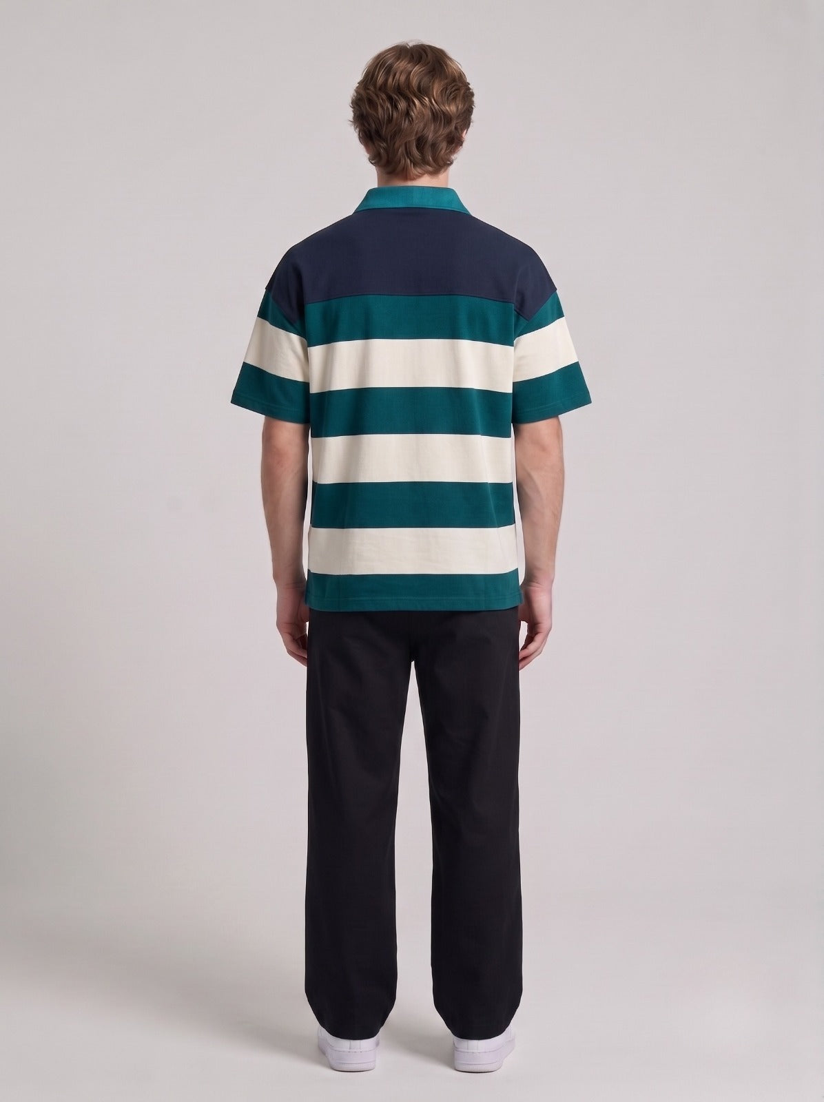 Navy and Green Horizontal Stripe Short-Sleeve Polo | Fabric Studio