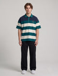 Navy and Green Horizontal Stripe Short-Sleeve Polo | Fabric Studio