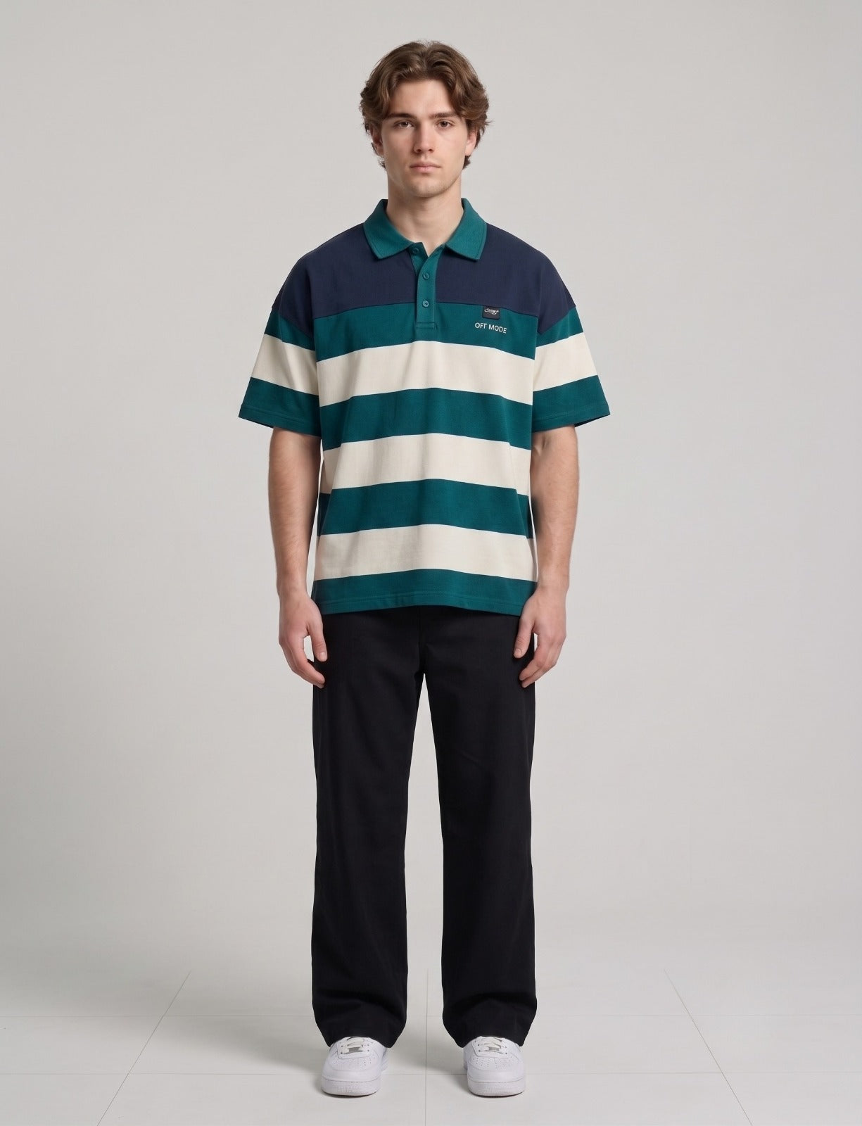 Navy and Green Horizontal Stripe Short-Sleeve Polo | Fabric Studio