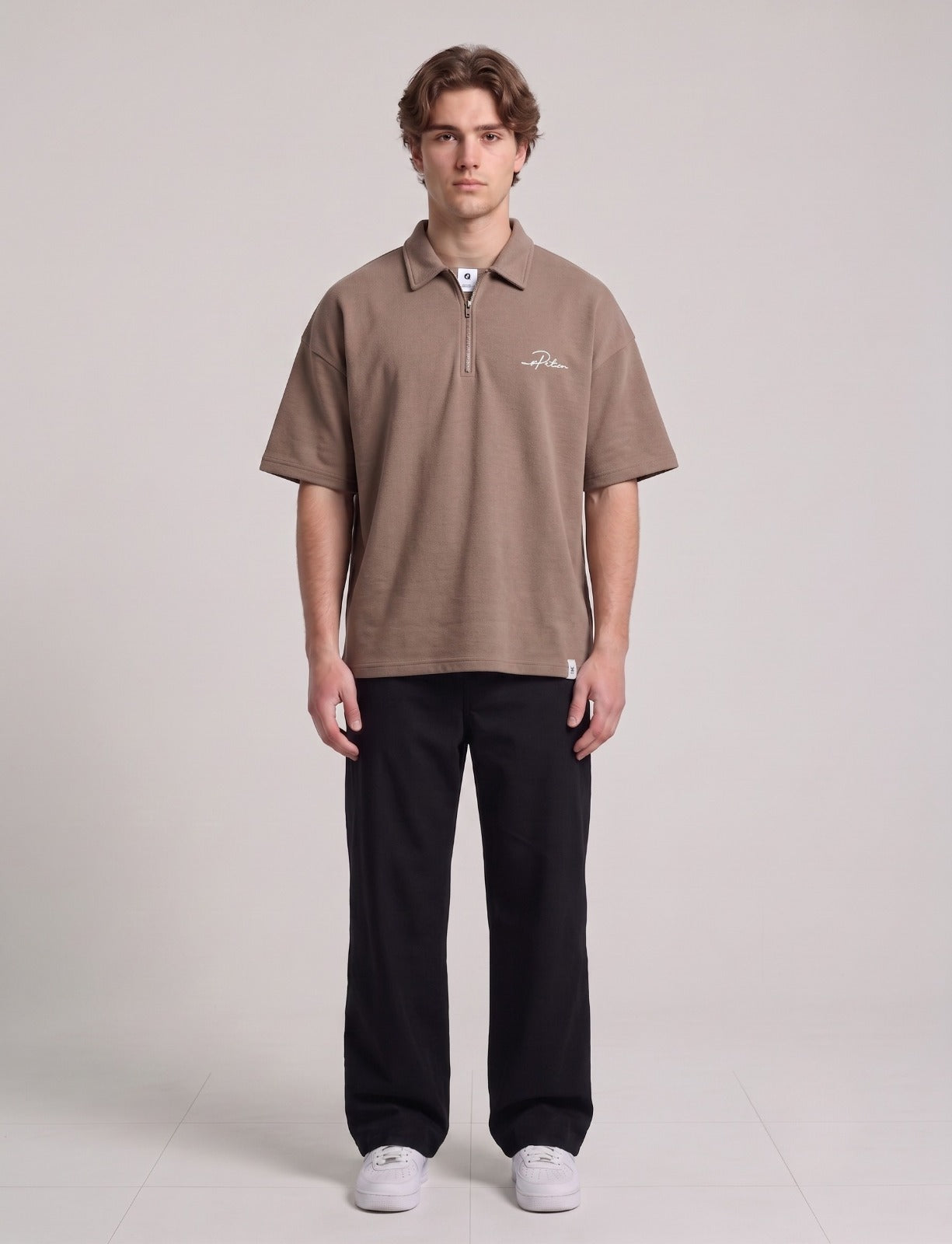 Brown Quarter-Zip Short-Sleeve Polo Shirt | Fabric Studio