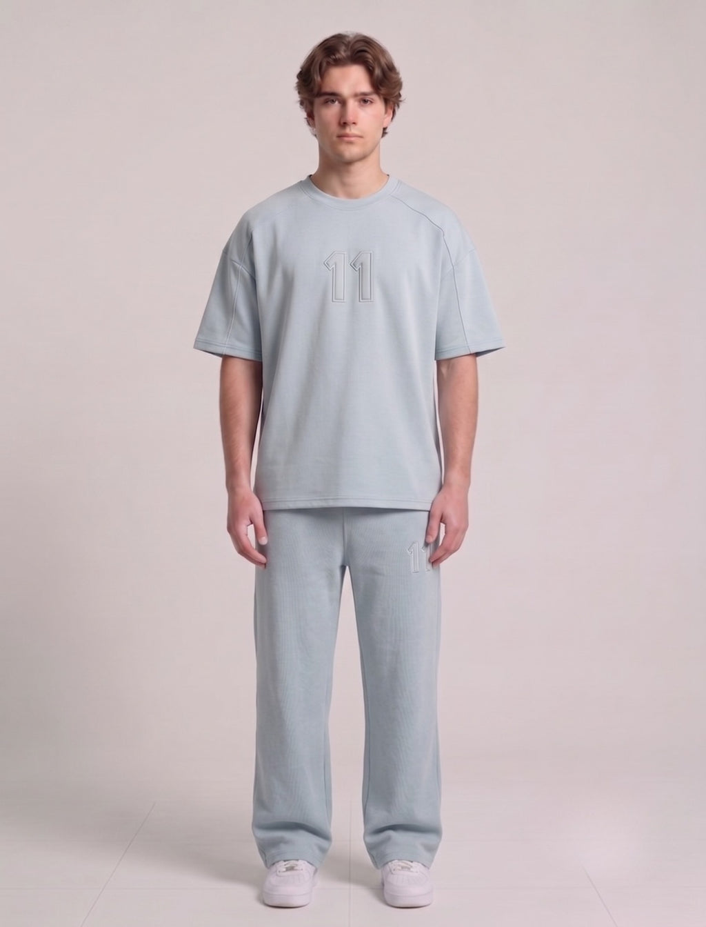 Light Blue "11" Embroidered Tee and Lounge Pants Set | Fabric Studio