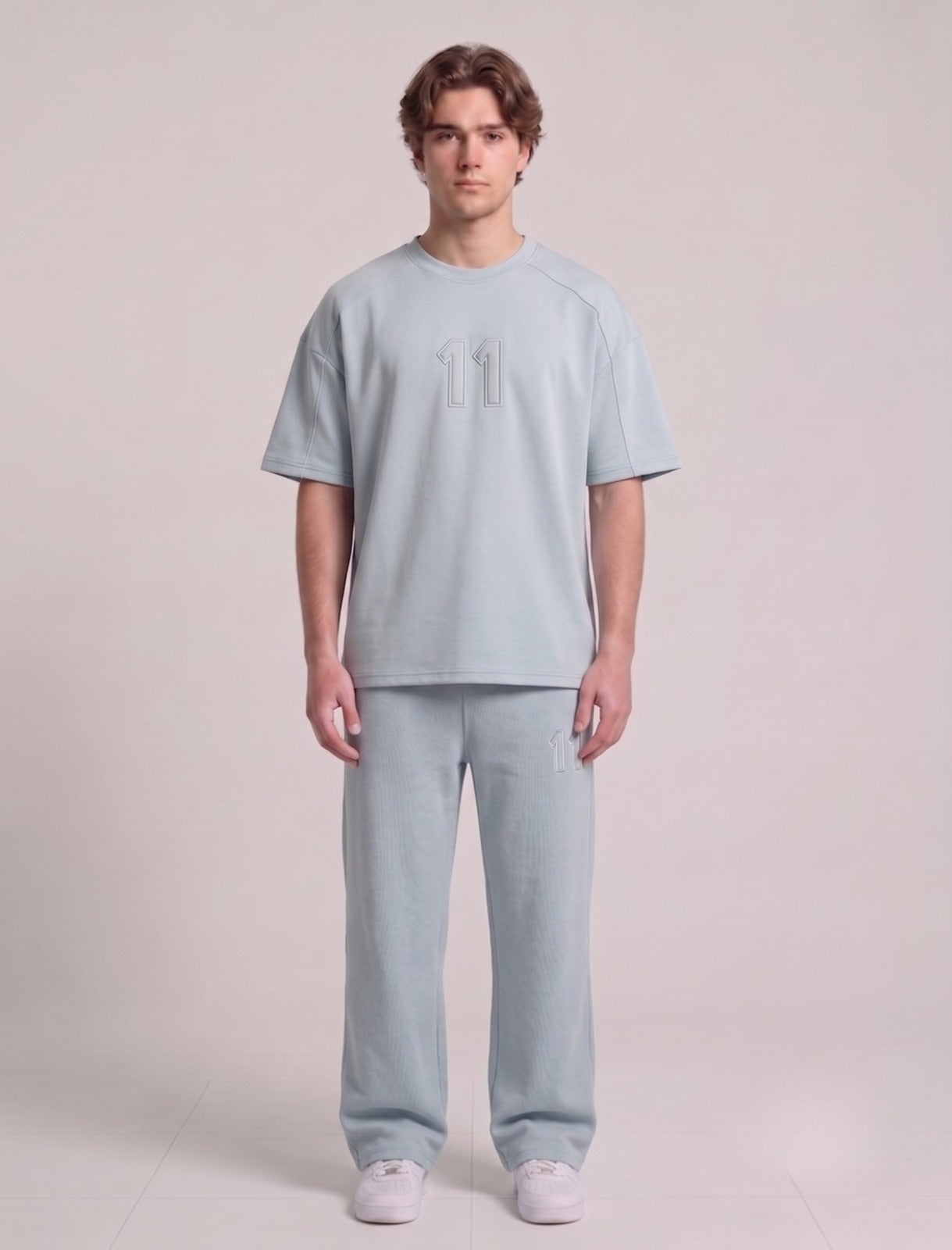 Light Blue "11" Embroidered Tee and Lounge Pants Set | Fabric Studio