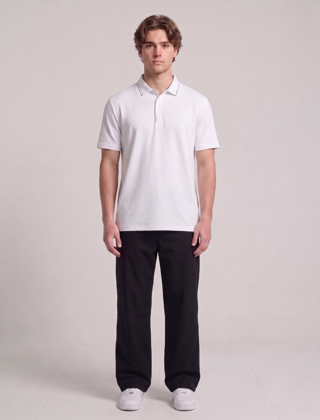 Casual White Knit Polo with Tagless Collar | Fabric Studio