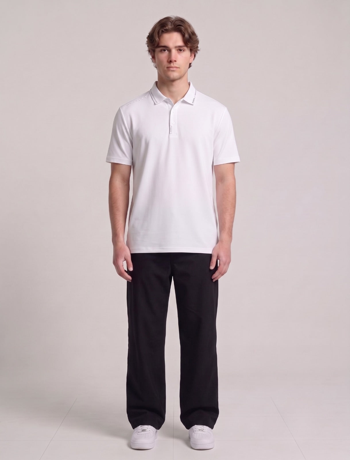 Casual White Knit Polo with Tagless Collar | Fabric Studio