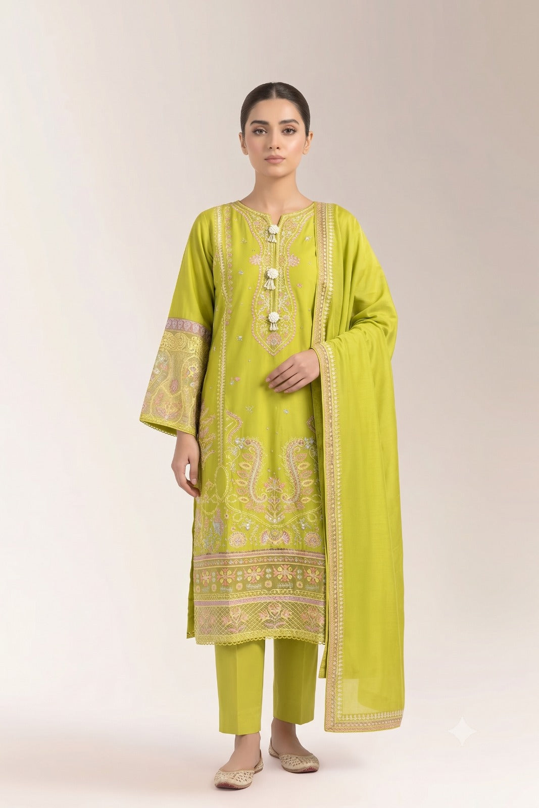 Traditional Ethnic Lime Green Kurti with Pants and Matching Scarf | Fabric Studio
