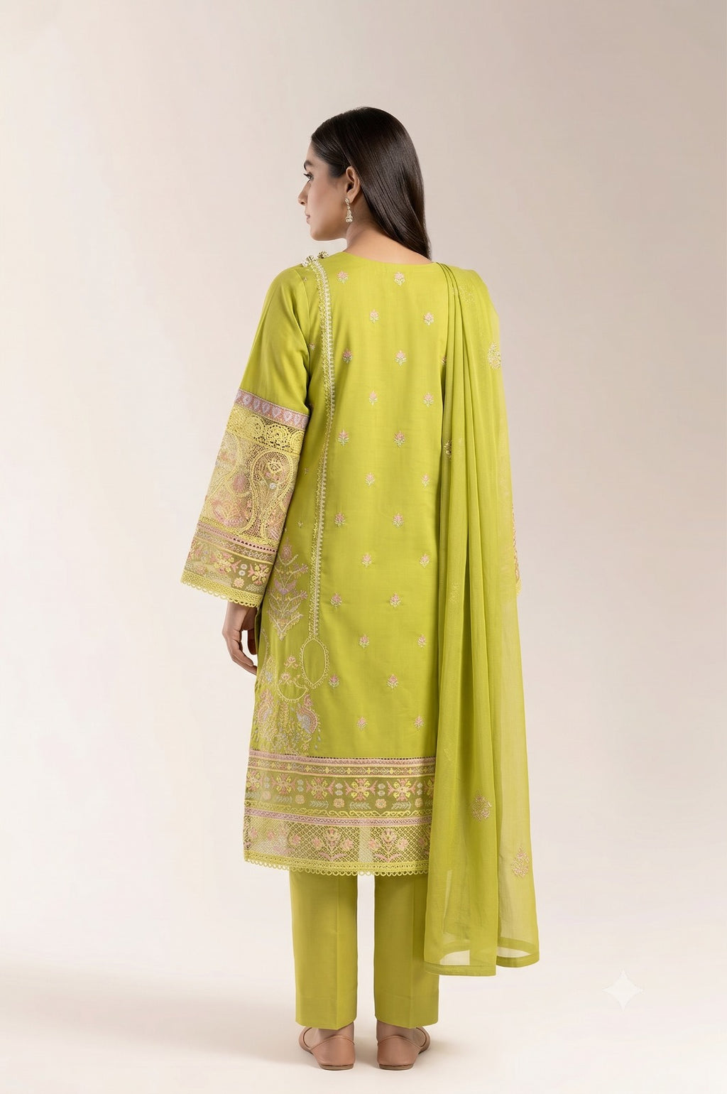 Traditional Ethnic Lime Green Kurti with Pants and Matching Scarf | Fabric Studio