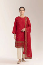 Festive Red Kurti with Heavy Border Embroidery and Matching Scarf | Fabric Studio