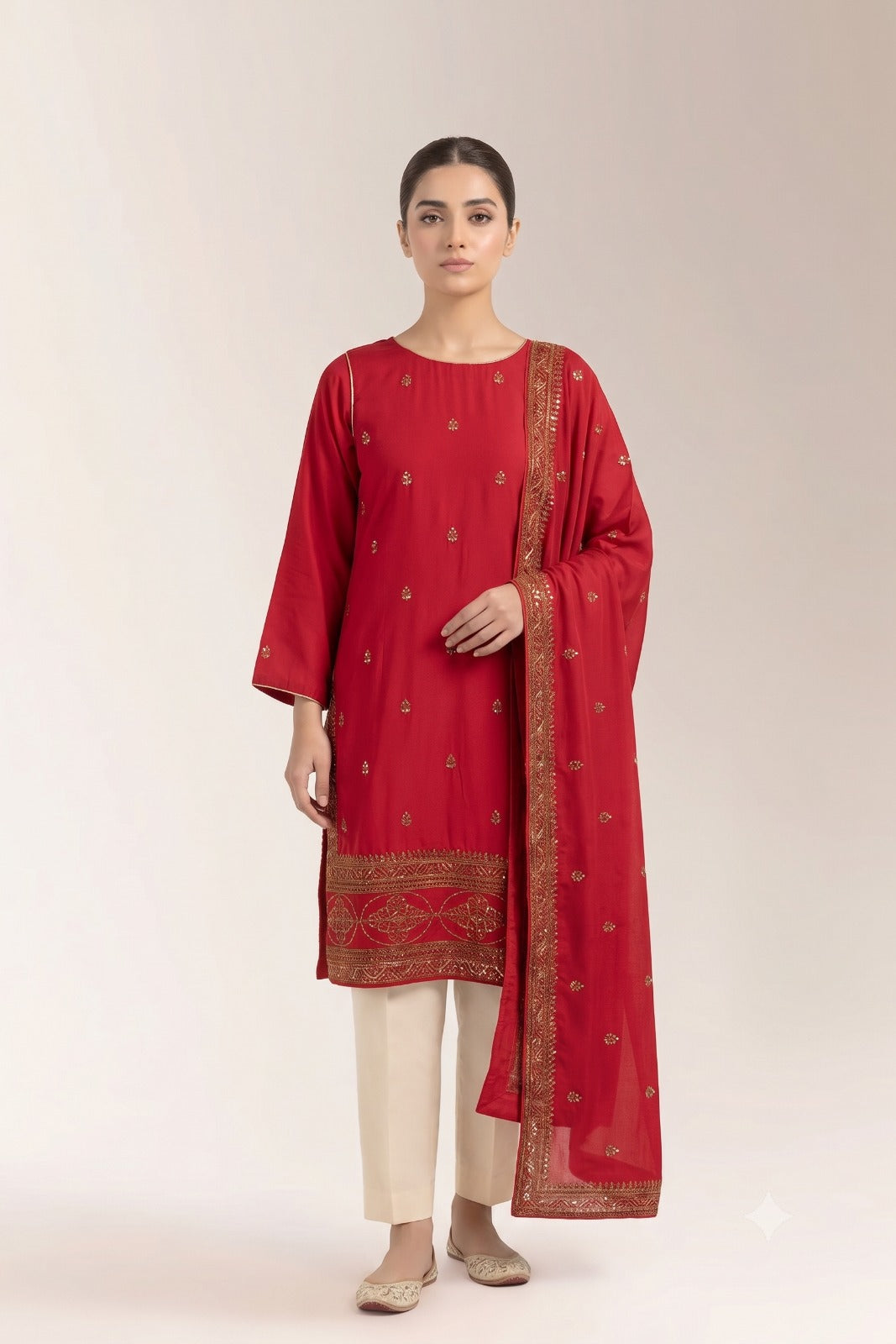 Festive Red Kurti with Heavy Border Embroidery and Matching Scarf | Fabric Studio