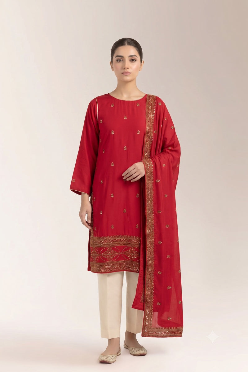 Festive Red Kurti with Heavy Border Embroidery and Matching Scarf | Fabric Studio