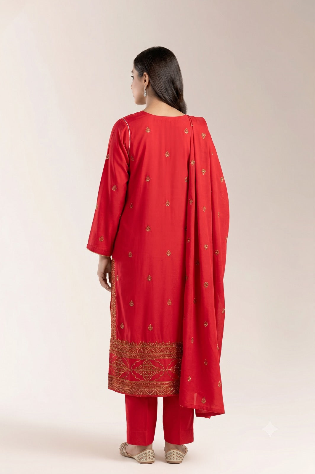 Festive Red Kurti with Heavy Border Embroidery and Matching Scarf | Fabric Studio