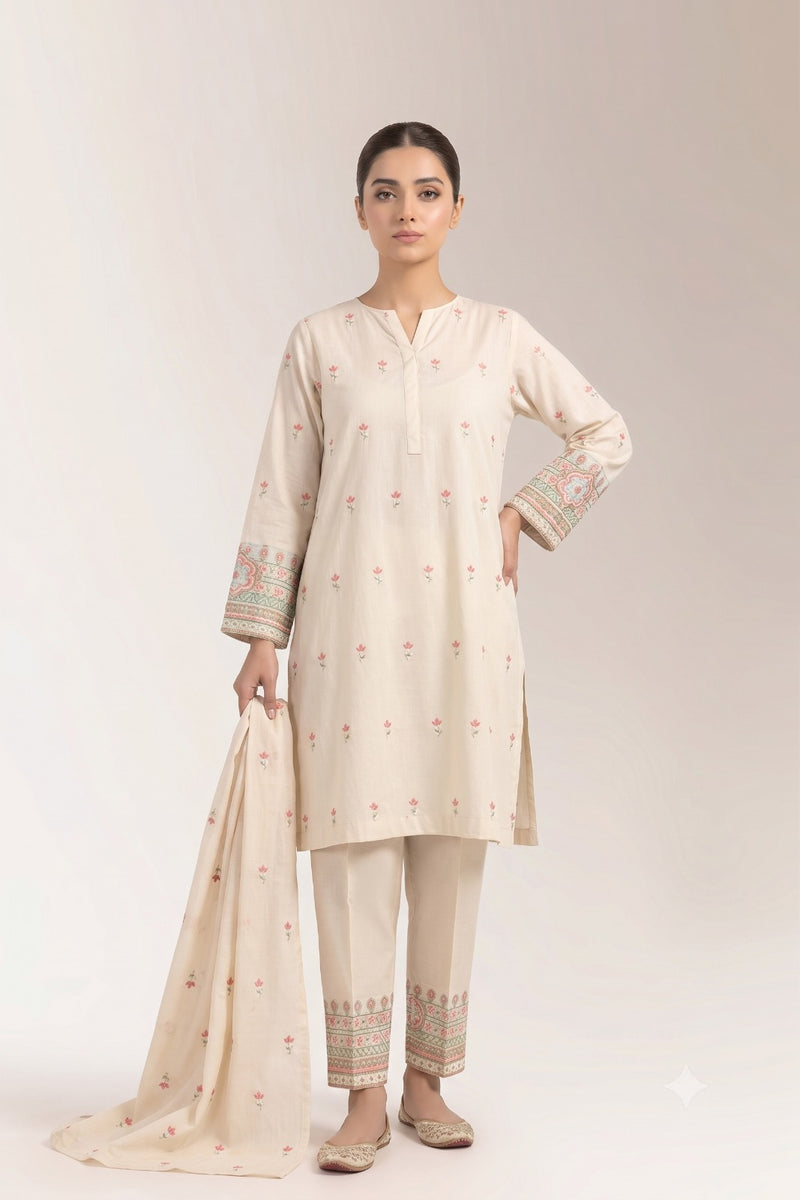 Off-White Floral Embroidered Kurta Set with Matching Dupatta | Fabric Studio