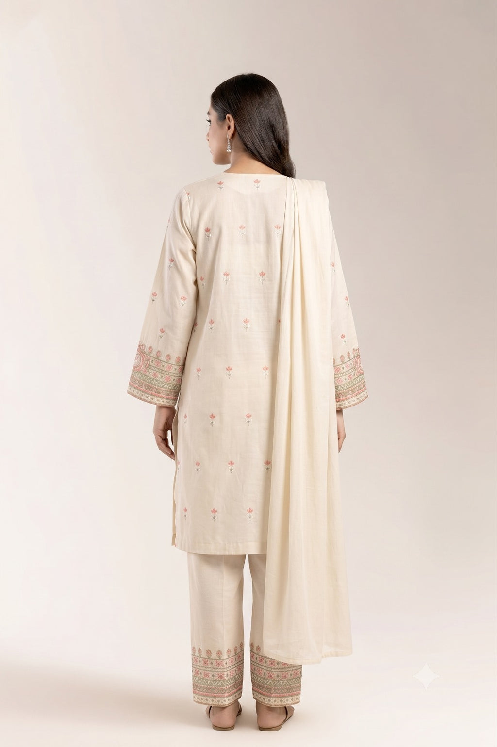 Off-White Floral Embroidered Kurta Set with Matching Dupatta | Fabric Studio
