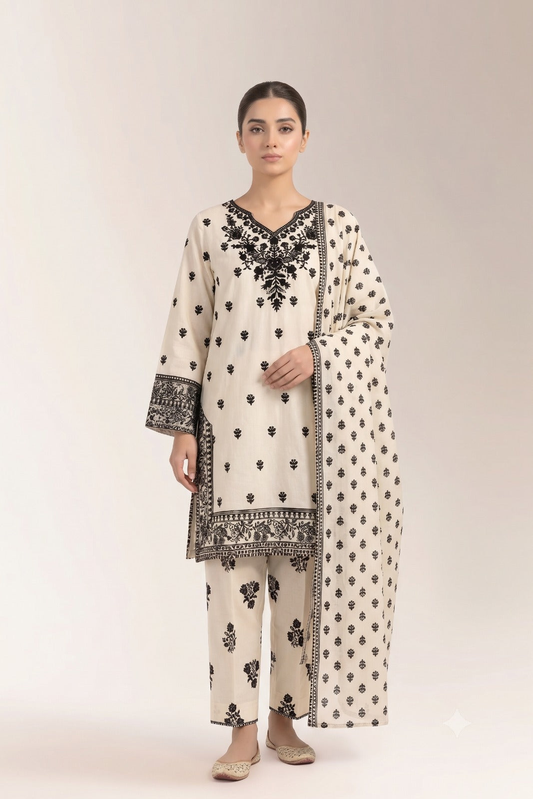 Monochrome Printed Ethnic Suit with Heavy Neck Embroidery | Fabric Studio