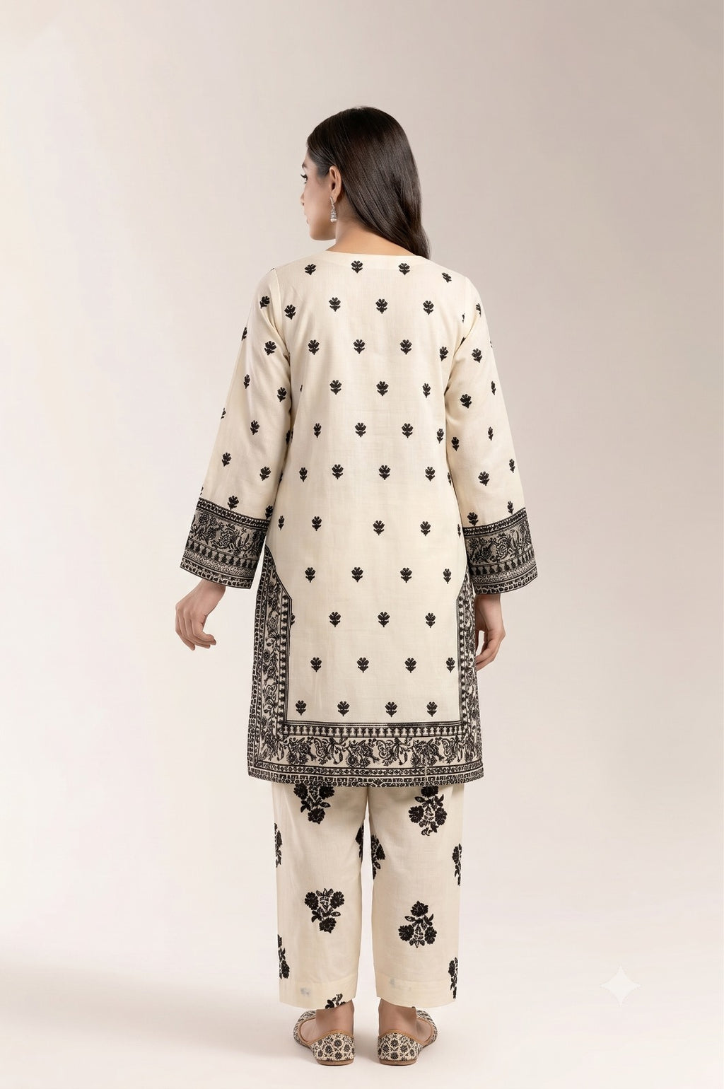 Monochrome Printed Ethnic Suit with Heavy Neck Embroidery | Fabric Studio