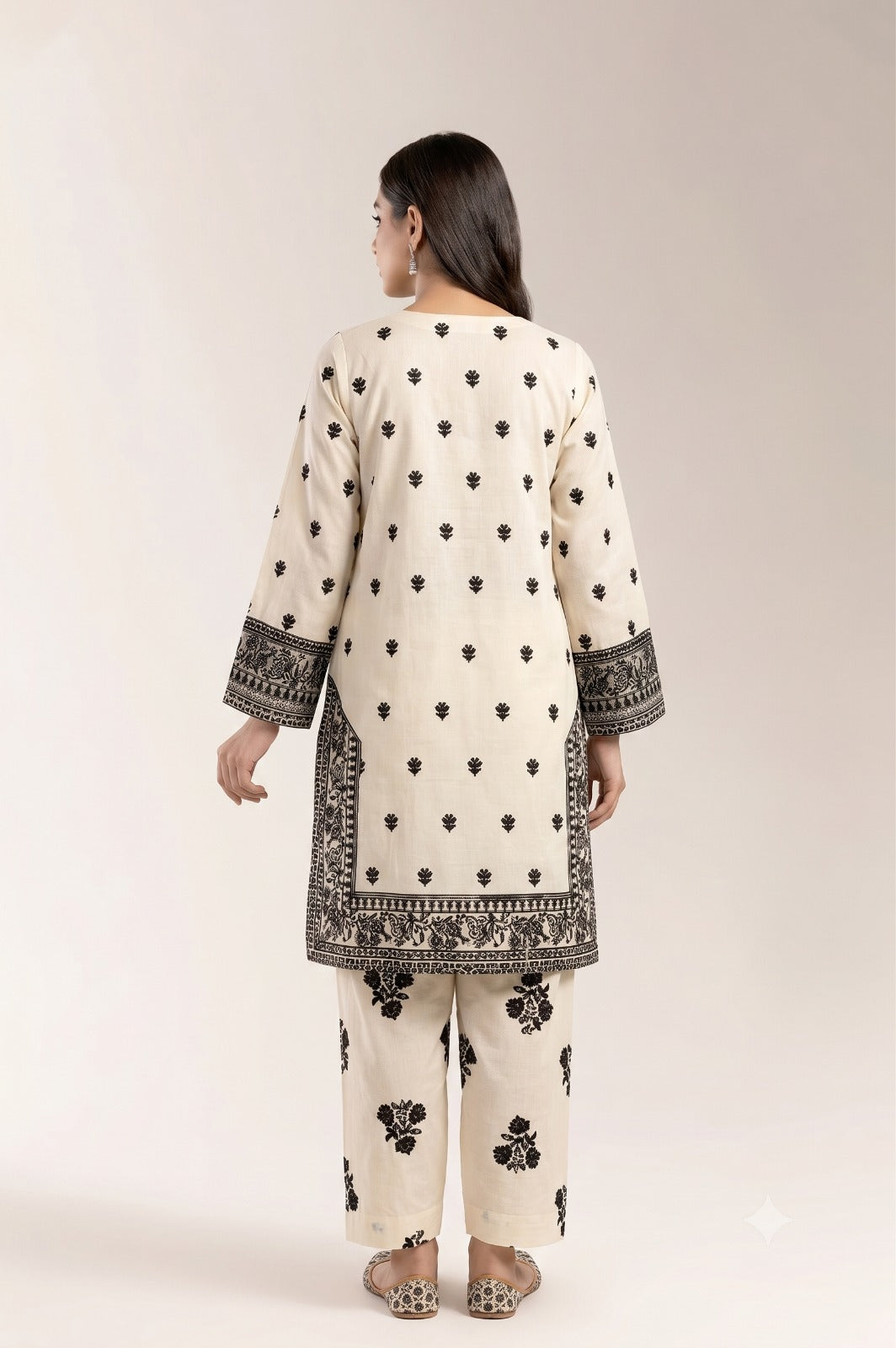 Monochrome Printed Ethnic Suit with Heavy Neck Embroidery | Fabric Studio