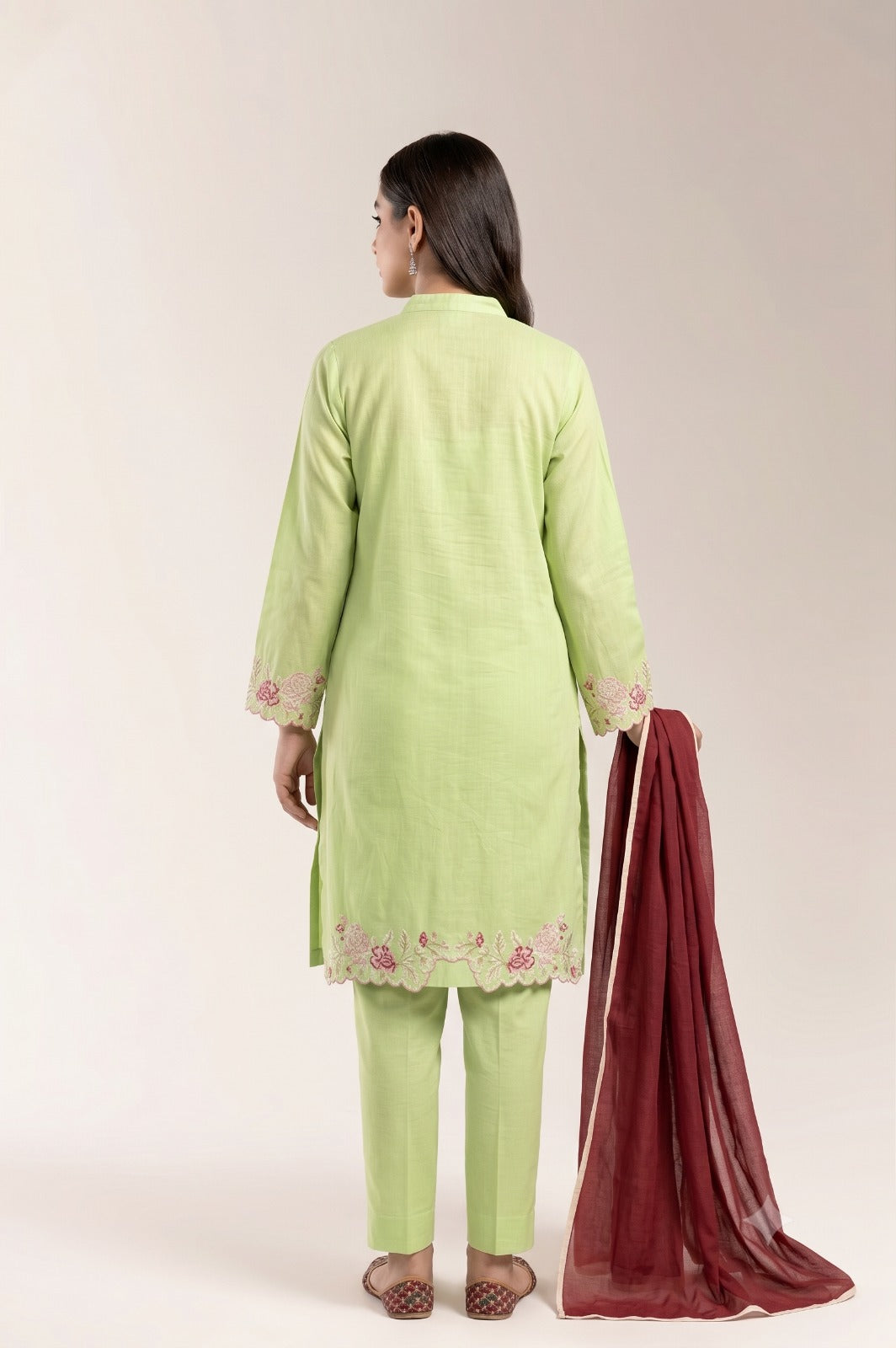 Light Green Embroidered Three-Piece Suit with Scalloped Border Dupatta | Fabric Studio