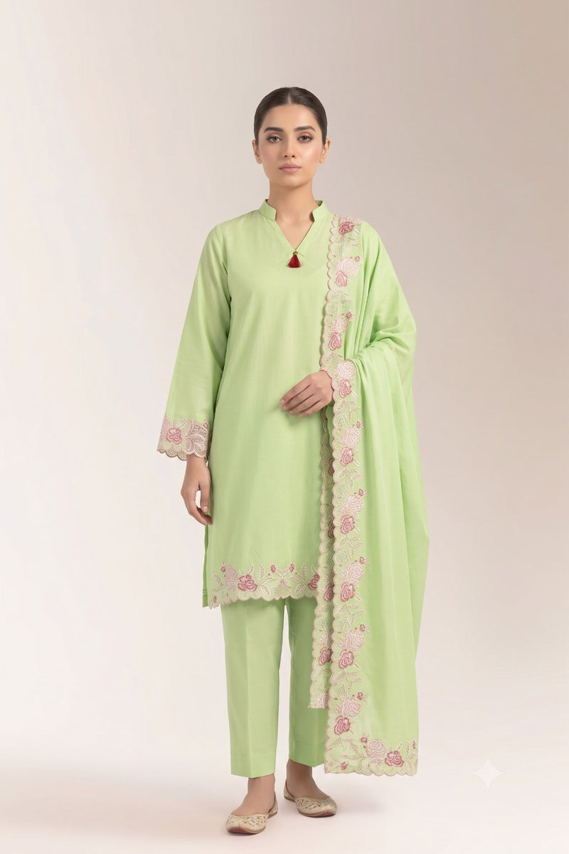 Light Green Embroidered Three-Piece Suit with Scalloped Border Dupatta | Fabric Studio