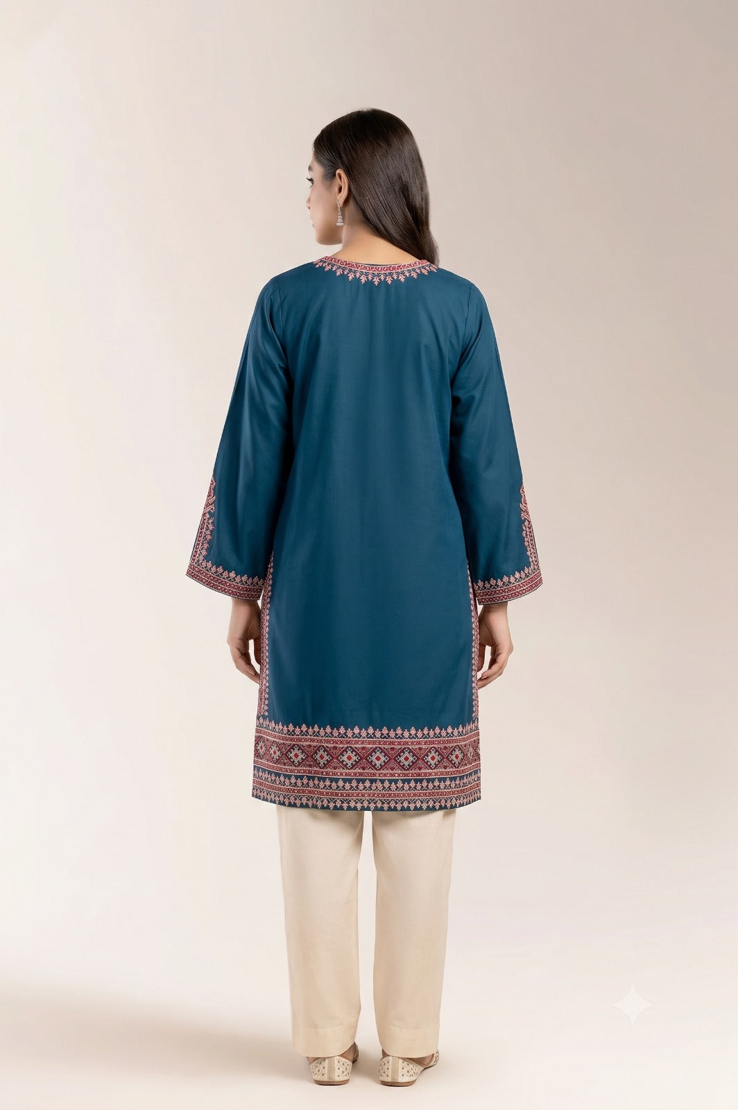 Teal Long-Sleeve Kurti with Printed Border and Neckline Embroidery | Fabric studio n