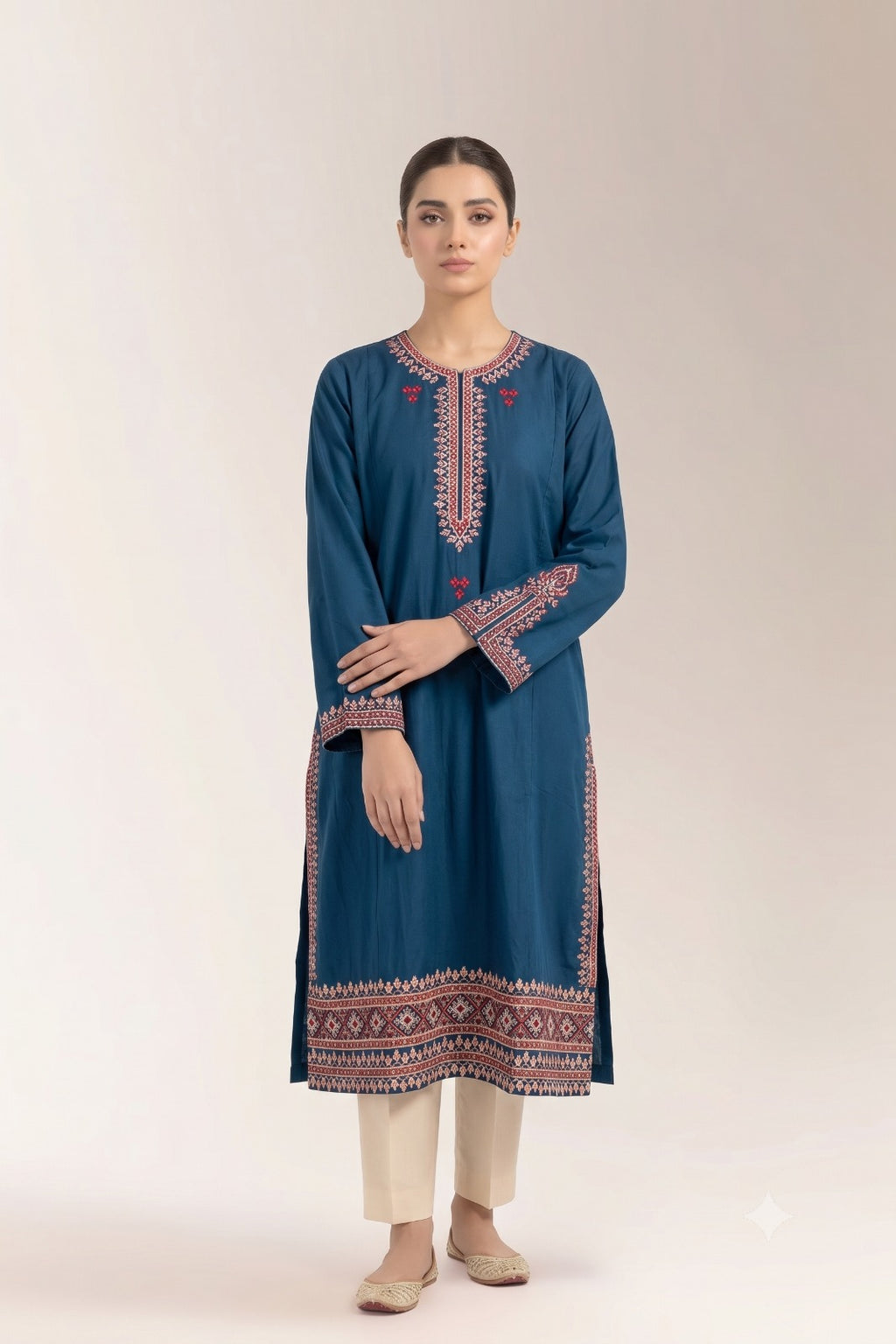 Teal Long-Sleeve Kurti with Printed Border and Neckline Embroidery | Fabric studio n