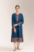 Teal Long-Sleeve Kurti with Printed Border and Neckline Embroidery | Fabric studio n