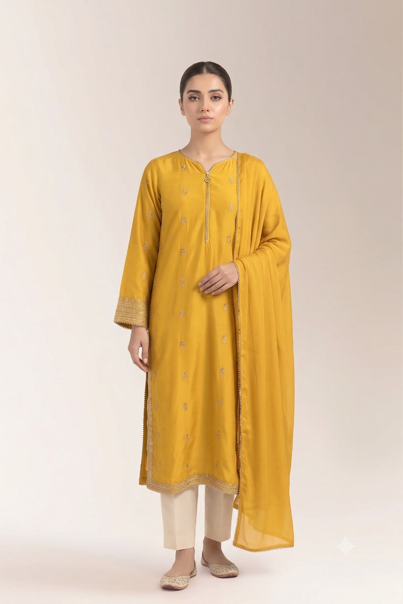 Traditional Mustard Kurti with Light Motifs and Matching Scarf | Fabric Studio